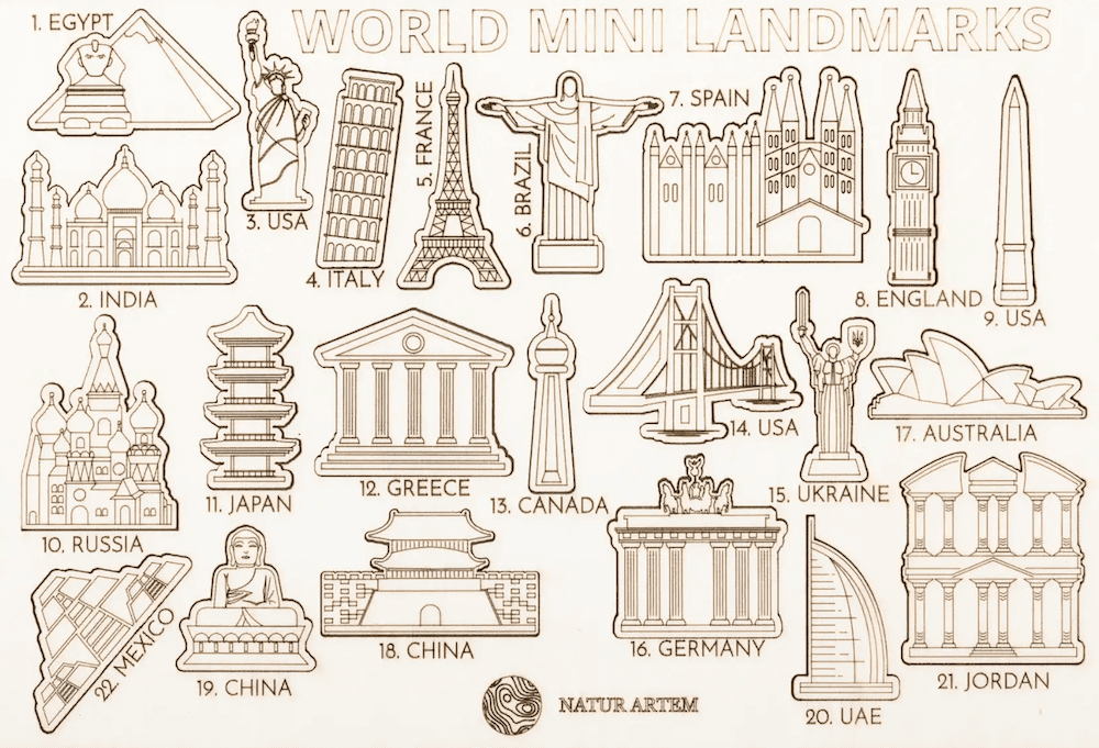 accessoires monumenten van de wereld voor houten kaart aan de muur