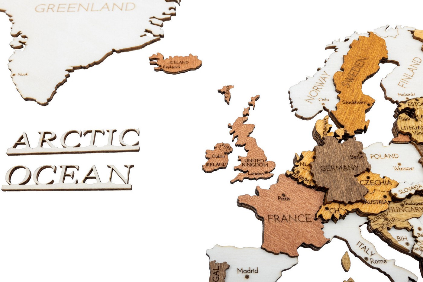 oceaannamen naar houten wereld 3d 4d kaart gegraveerd