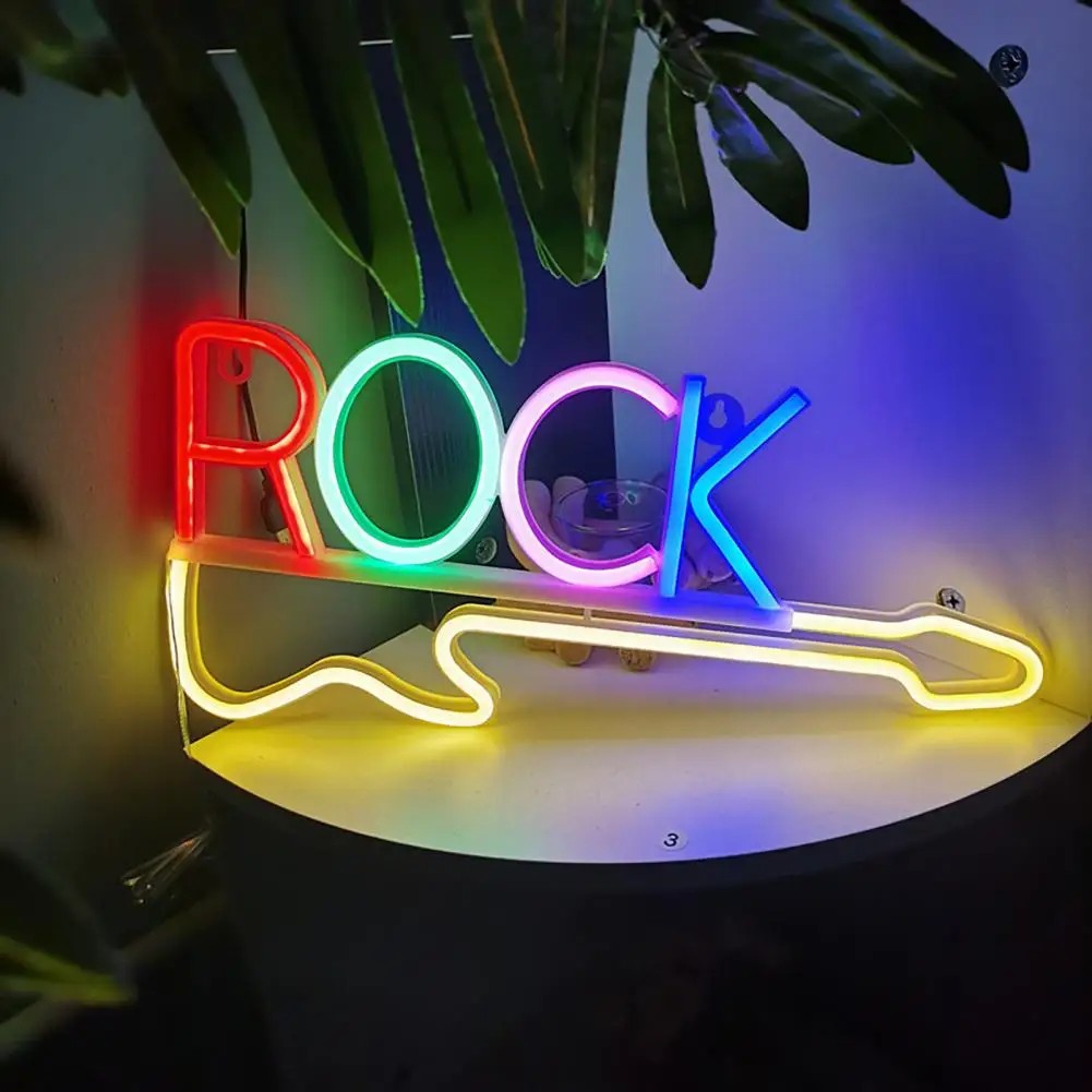 led-neonbord aan de muur - rockgitaar