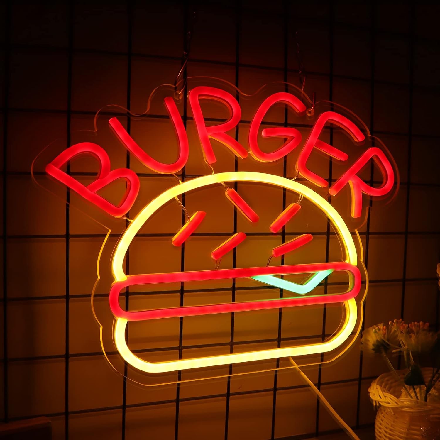 Hamburgerverlichting neonreclame-logo op de muur