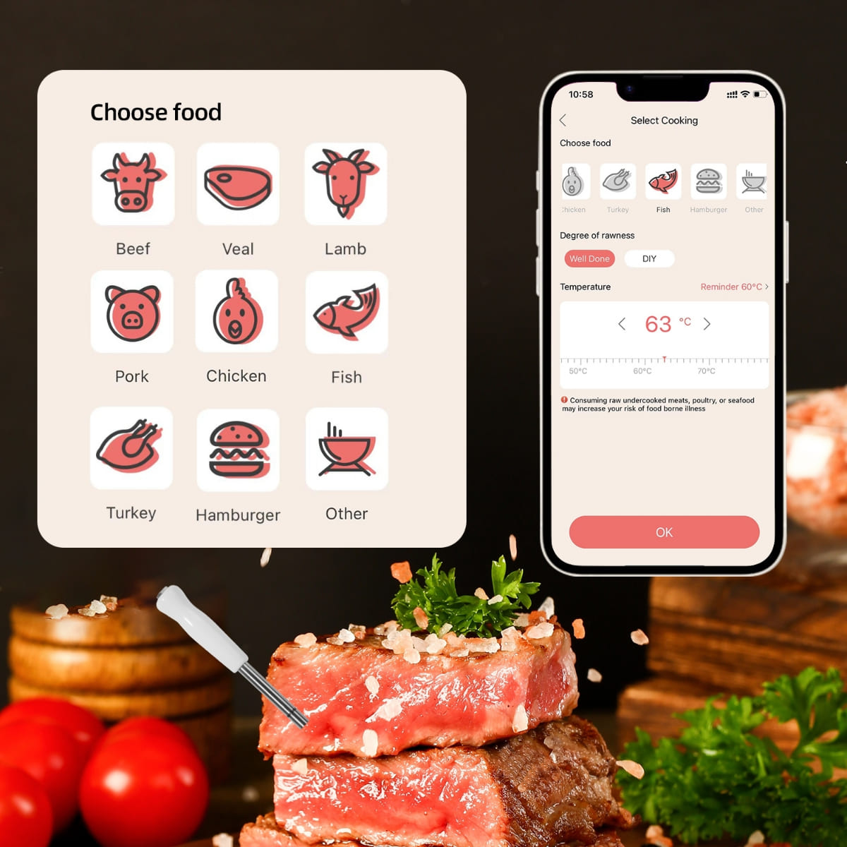 Thermometer voor het grillen van vlees - Bluetooth-ondersteuning tot 100 meter (mobiele app)